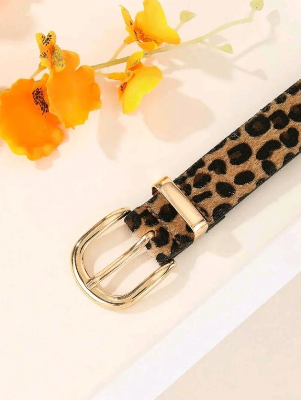 Leopard Print Faux Fur Vegan Leather Belt with Golden Buckle